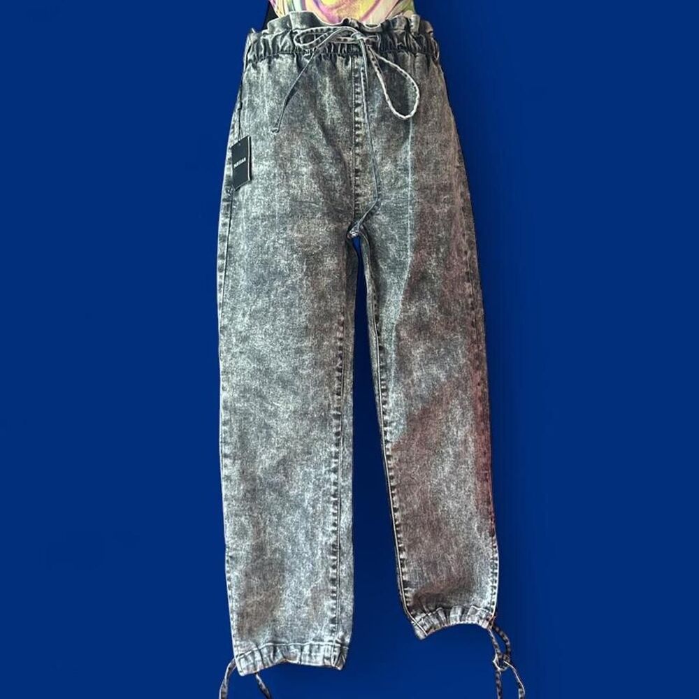 Gray Acid Wash Denim Jogger Jeans Drawstring Y2K 90s Streetwear
